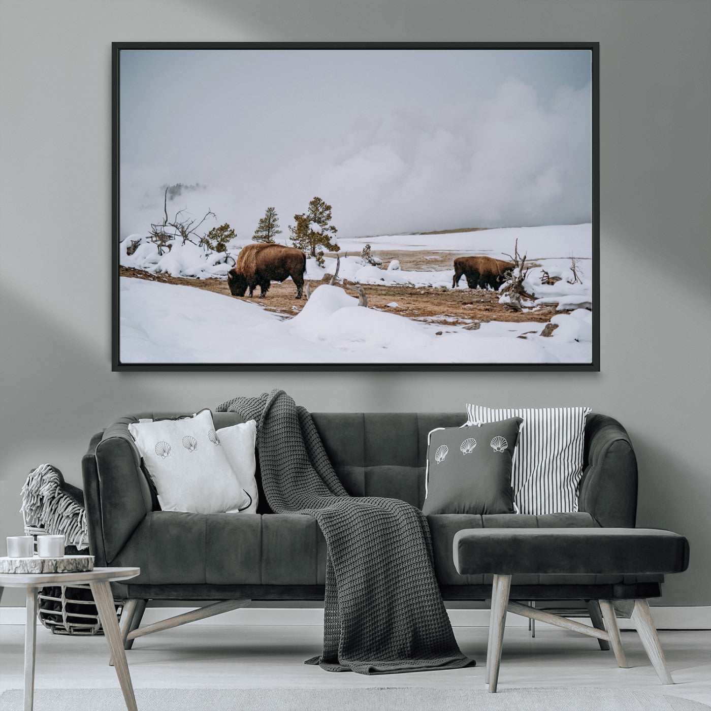 60308289-MGV-CV-36X24-Bison Wildlife Wall Art Canvas Print, Framed Snowy Prairie Art Picture Print, Western Landscape Perfect Rustic Winter Decor
