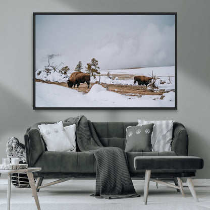 60308289-MGV-CV-36X24-Bison Wildlife Wall Art Canvas Print, Framed Snowy Prairie Art Picture Print, Western Landscape Perfect Rustic Winter Decor