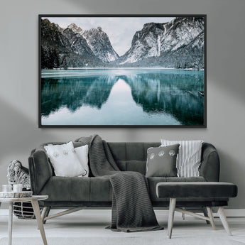 73098373-MGV-CV-36X24-Mountain Lake Wall Art Canvas Print, Framed Winter Wonderland Art Picture Print, Snowy Peaks Perfect Modern Nature Decor Artwork