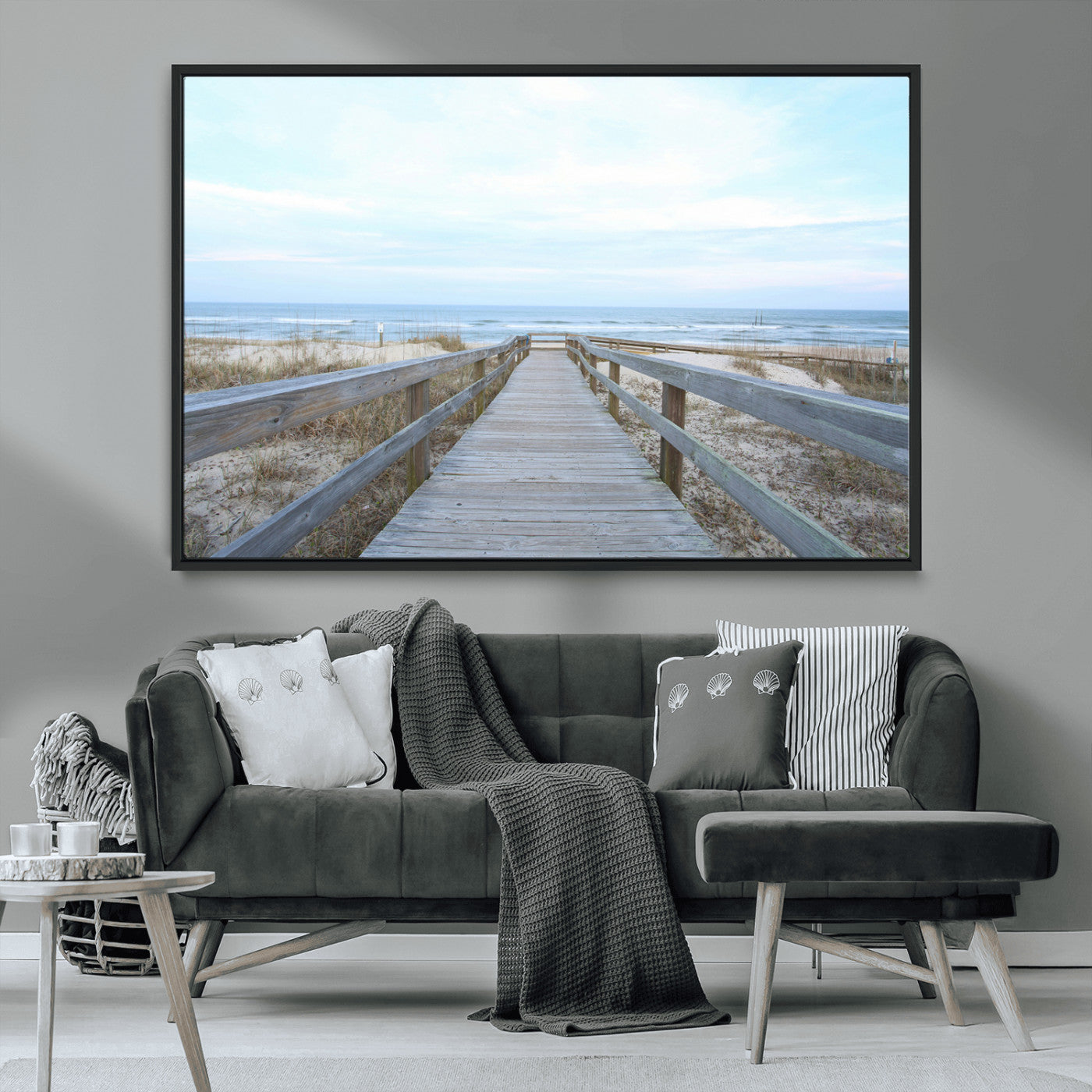 31602988-MGV-CV-36X24-Beach Boardwalk Wall Art Canvas Print, Framed Coastal Serenity Art Picture Print, Ocean View Perfect Coastal Minimalist Decor
