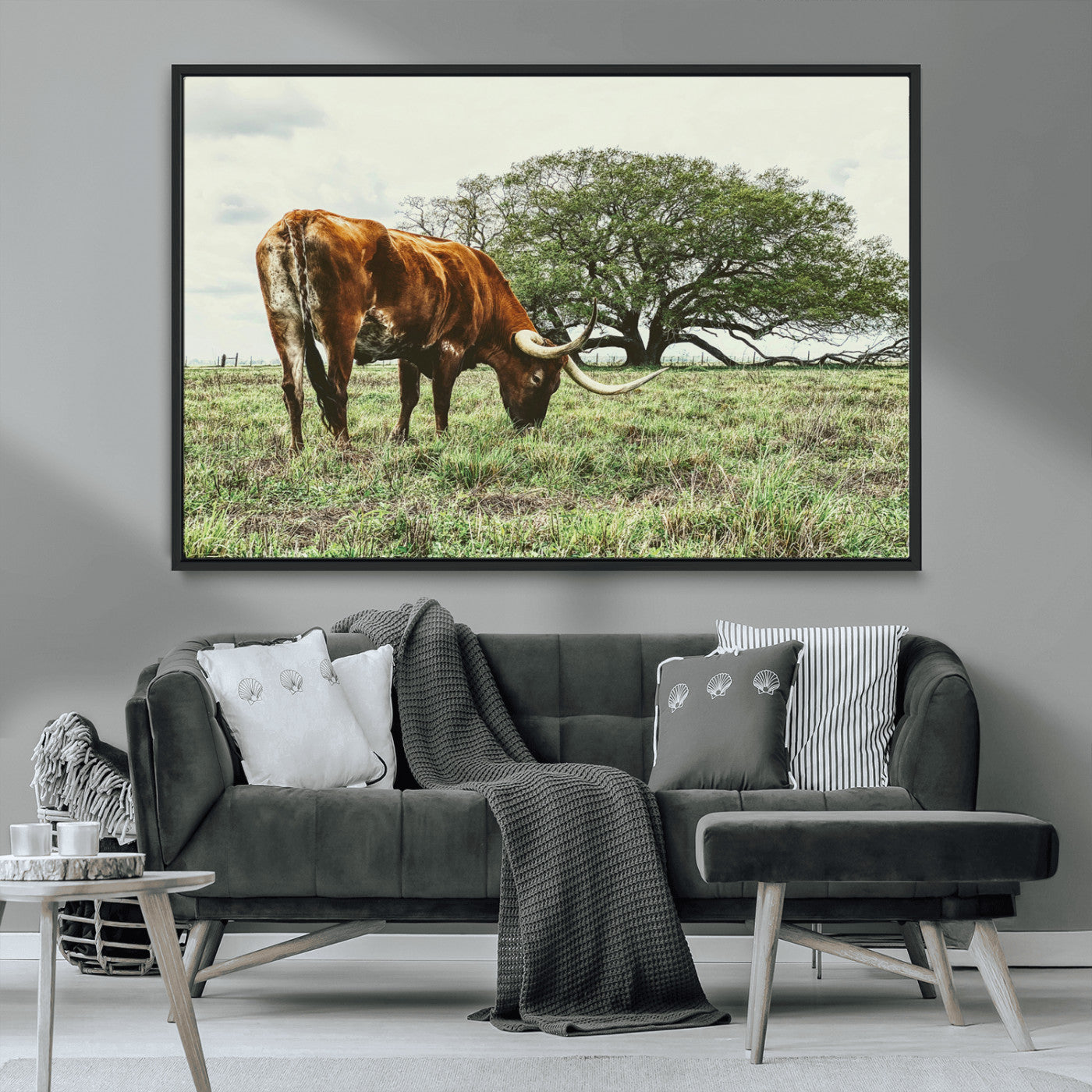 91866234-MGV-CV-36X24-Texas Longhorn Wall Art Canvas Print, Framed Rustic Ranch Art Picture Print, Western Cattle Perfect Rustic Farmhouse Decor Artwork