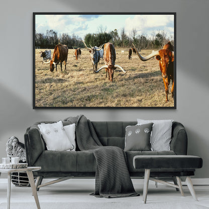 39144651-MGV-FC-36X24_Black-Texas Longhorns Wall Art Canvas Print, Framed Rustic Farm Scene Art Picture Print, Western Cattle Perfect Rustic Farmhouse Decor