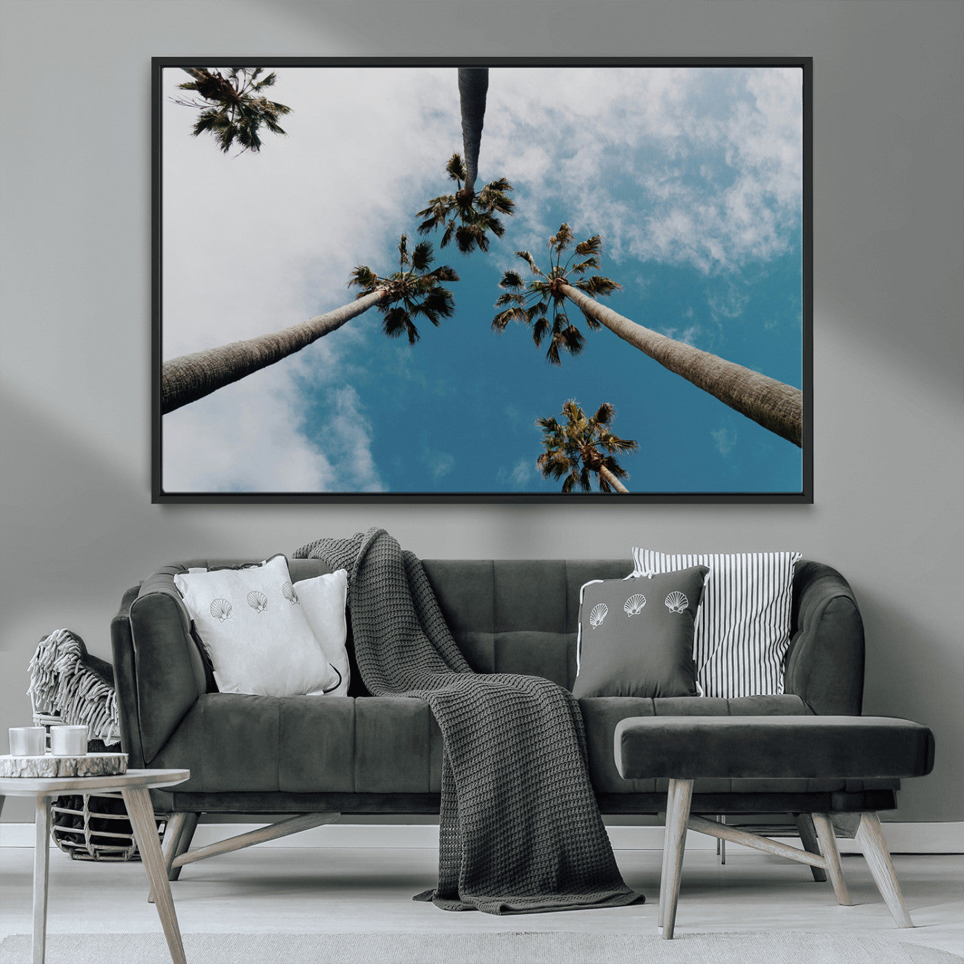 45236398-MGV-CV-36X24-Tropical Palm Trees Wall Art Canvas Print, Framed California Sky Art Picture Print, Minimalist Nature Perfect Coastal Minimalist