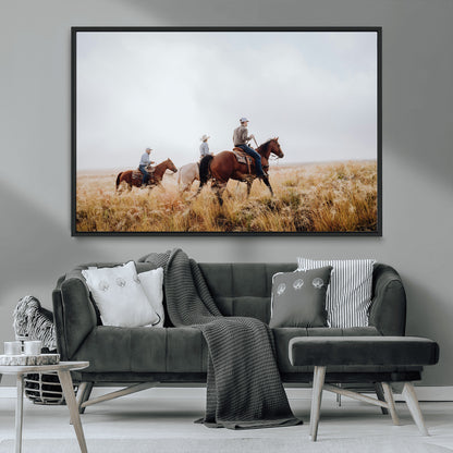 94723307-MGV-CV-36X24-Western Cowboys Wall Art Canvas Print, Framed Rustic Prairie Art Picture Print, Horseback Riding Perfect Rustic Western Decor