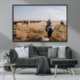 22431577-MGV-CV-36X24-Western Wall Art Wall Art Canvas Print, Framed Cowboy Canvas Art Picture Print, Cattle Drive Scene Perfect Rustic Western Decor