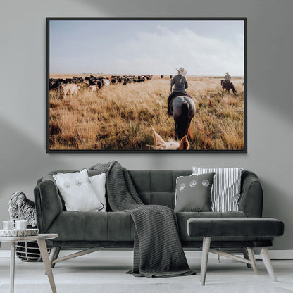 22431577-MGV-CV-36X24-Western Wall Art Wall Art Canvas Print, Framed Cowboy Canvas Art Picture Print, Cattle Drive Scene Perfect Rustic Western Decor