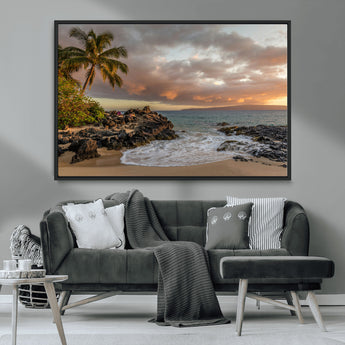 55108220-MGV-CV-36X24-Tropical Beach Wall Art Canvas Print, Framed Hawaiian Sunset Art Picture Print, Ocean Waves Perfect Coastal Tropical Decor Artwork