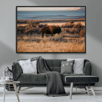 39509187-MGV-CV-36X24-Western Wildlife Wall Art Canvas Print, Framed Bison Art Picture Print, Golden Hour Perfect Western Rustic Decor Artwork