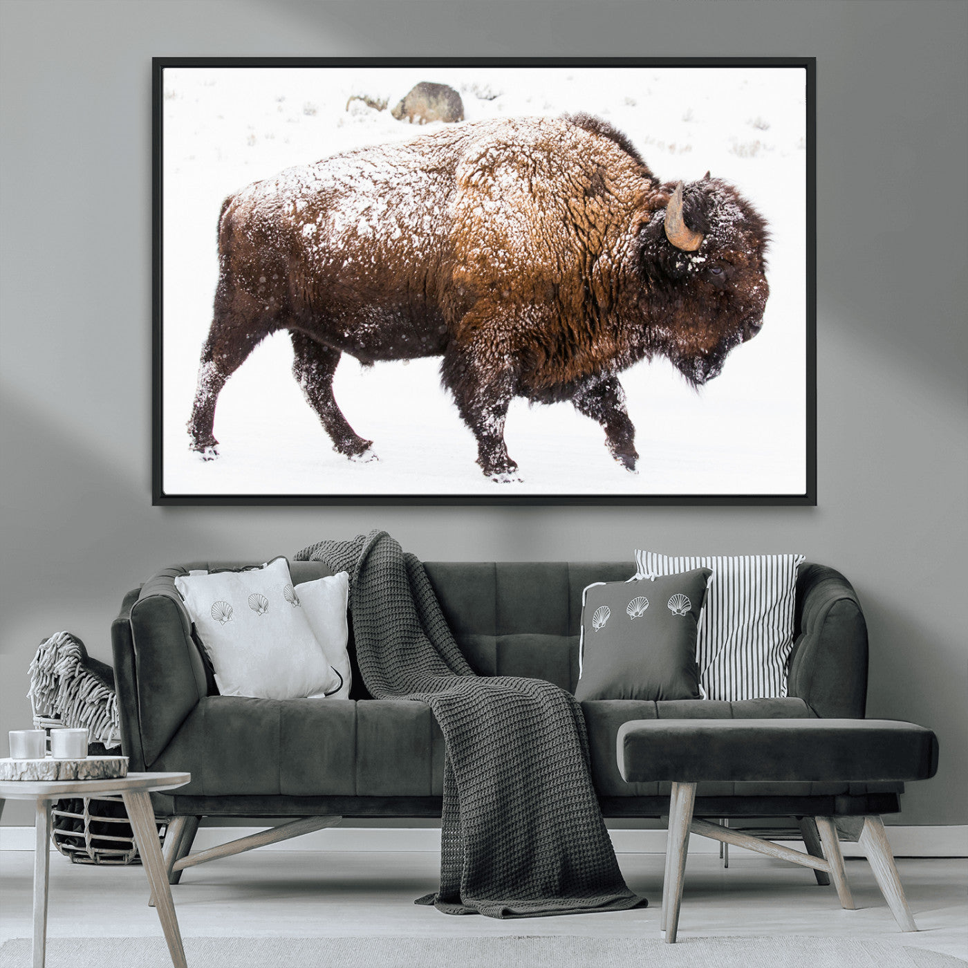 94261165-MGV-CV-36X24-Snowy Buffalo Wall Art Canvas Print, Framed Wildlife Photography Art Picture Print, Brown Tones Perfect Rustic Lodge Decor Decor