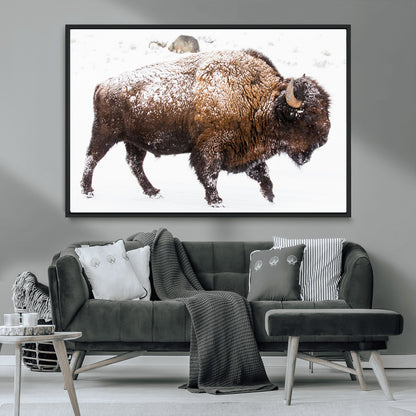 94261165-MGV-CV-36X24-Snowy Buffalo Wall Art Canvas Print, Framed Wildlife Photography Art Picture Print, Brown Tones Perfect Rustic Lodge Decor Decor