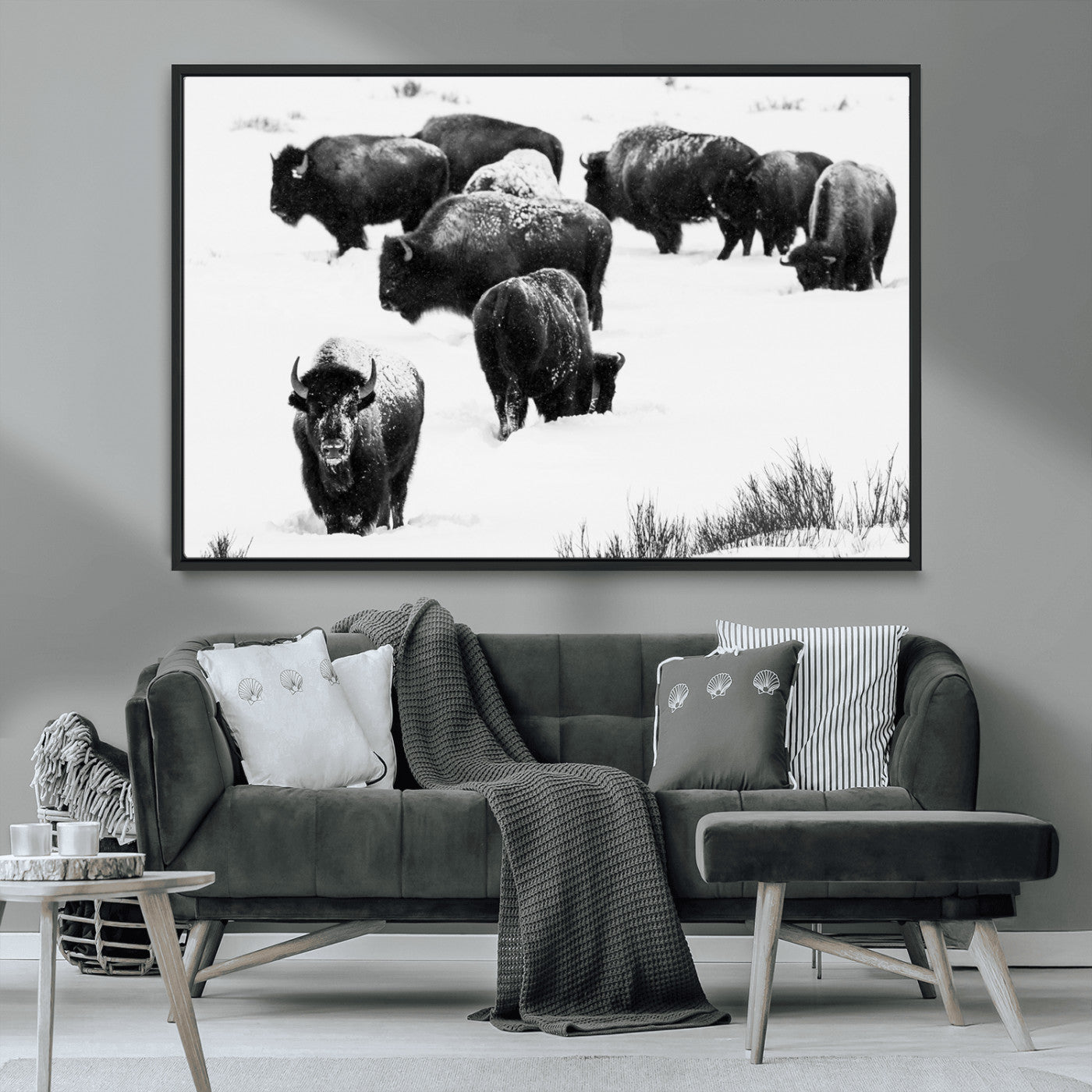 18914414-MGV-CV-36X24-Buffalo Herd Wall Art Canvas Print, Framed Black and White Art Picture Print, Snowy Landscape Perfect Rustic Lodge Decor Decor