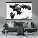 18914414-MGV-CV-36X24-Buffalo Herd Wall Art Canvas Print, Framed Black and White Art Picture Print, Snowy Landscape Perfect Rustic Lodge Decor Decor