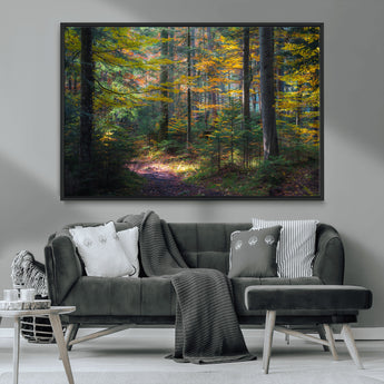 65810864-MGV-CV-36X24-Autumn Forest Wall Art Canvas Print, Framed Fall Woodland Art Picture Print, Golden Leaves Perfect Rustic Farmhouse Decor Artwork