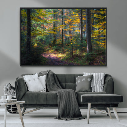 65810864-MGV-CV-36X24-Autumn Forest Wall Art Canvas Print, Framed Fall Woodland Art Picture Print, Golden Leaves Perfect Rustic Farmhouse Decor Artwork