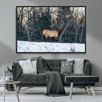 36533178-MGV-CV-36X24-Wild Elk Photography Wall Art Canvas Print, Framed Winter Wildlife Art Picture Print, Snowy Forest Perfect Rustic Lodge Decor
