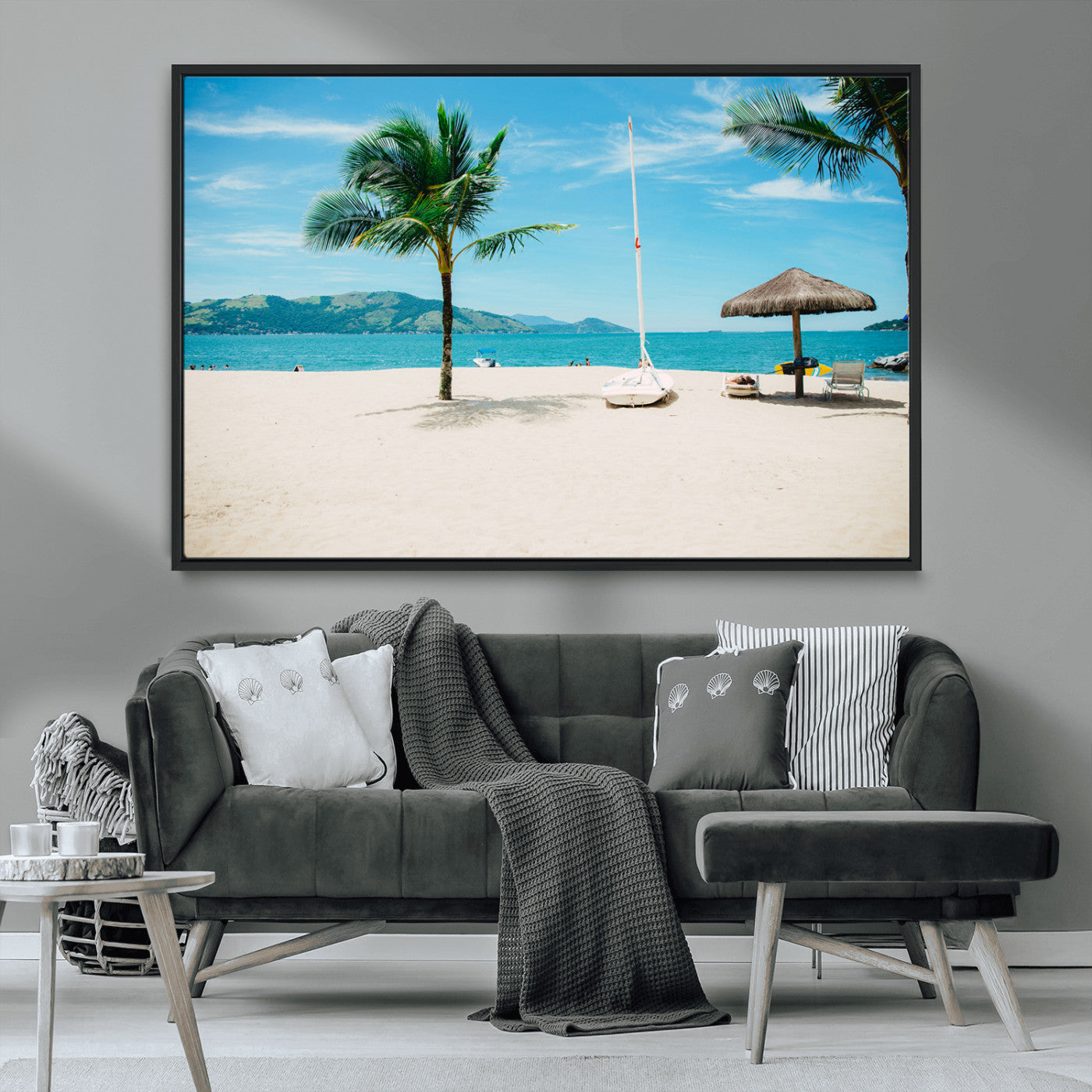 42623350-MGV-CV-36X24-Tropical Beach Wall Art Canvas Print, Framed Palm Tree Art Picture Print, Ocean View Perfect Tropical Coastal Decor Artwork
