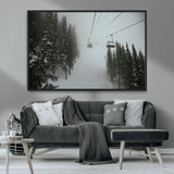 87018452-MGV-CV-36X24-Ski Lift Wall Art Canvas Print, Framed Snowy Pines Art Picture Print, Misty Landscape Perfect Winter Serenity Decor Artwork