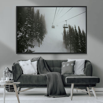 87018452-MGV-CV-36X24-Ski Lift Wall Art Canvas Print, Framed Snowy Pines Art Picture Print, Misty Landscape Perfect Winter Serenity Decor Artwork