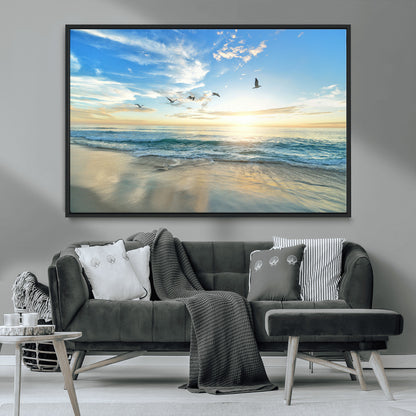 20708696-MGV-CV-36X24-Minimalist Seaside Wall Art Canvas Print, Framed Morning Glow Art Picture Print, Golden Reflections Perfect Coastal Minimalist