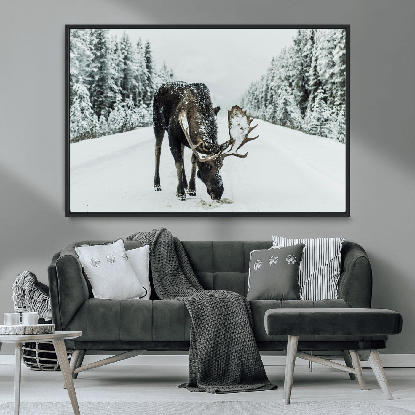13316292-MGV-CV-36X24-Moose in Snow Wall Art Canvas Print, Framed Winter Wildlife Art Picture Print, Snowy Forest Scene Perfect Rustic Lodge Decor