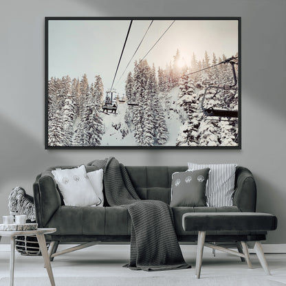 91534512-MGV-CV-36X24-Frosty Pines Wall Art Canvas Print, Framed Cozy Cabin View Art Picture Print, Ski Lift Ride Perfect Rustic Lodge Decor Artwork