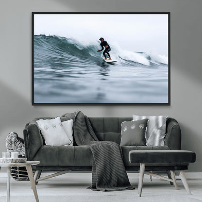 11693607-MGV-CV-36X24-Surfer on Wave Wall Art Canvas Print, Framed Ocean Adventure Art Picture Print, Motion Blur Water Perfect Coastal Adventure Decor