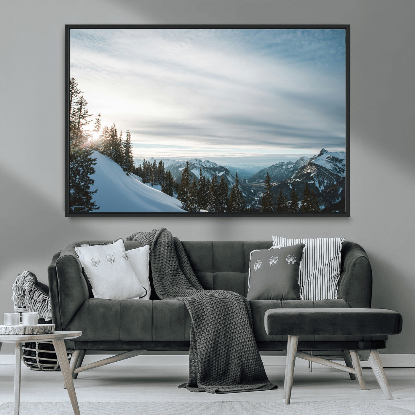 55564749-MGV-CV-36X24-Snowy Mountains Wall Art Canvas Print, Framed Alpine Landscape Art Picture Print, Frosty Peaks Perfect Nordic Minimalist Decor