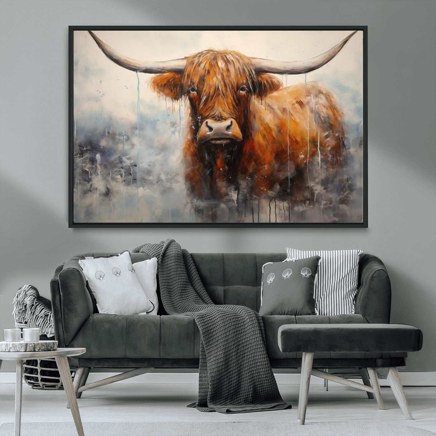 X61001-MGV-CV-36X24-Scottish Highland Wall Art Canvas Print, Framed Longhorn Art Picture Print, Western Cow Perfect Farmhouse Decor Artwork