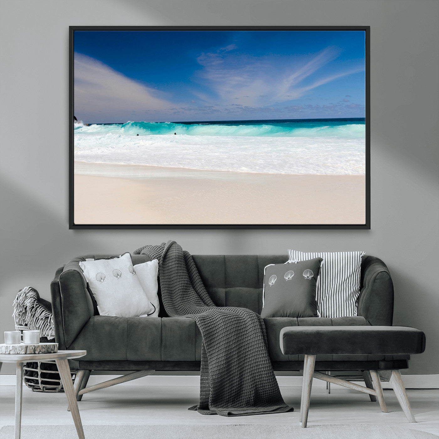 55017356-MGV-CV-36X24-Ocean Beach Wall Art – Turquoise Wave and White Sand Shoreline Canvas Print, Coastal Seascape Photography Decor for Living Room,