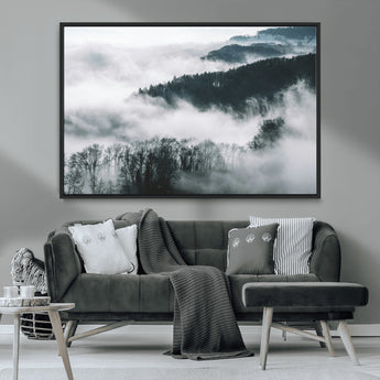 67569654-MGV-CV-36X24-Foggy Forest Wall Art – Mist Covered Hills and Trees Landscape Canvas Print, Moody Nature Photography Decor for Living Room,