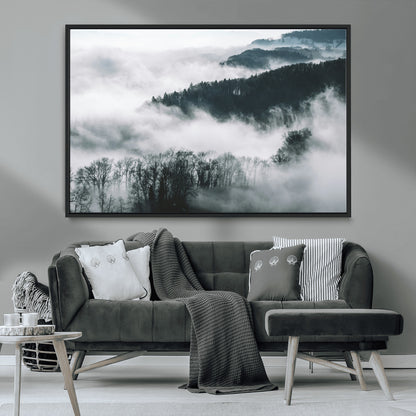 67569654-MGV-CV-36X24-Foggy Forest Wall Art – Mist Covered Hills and Trees Landscape Canvas Print, Moody Nature Photography Decor for Living Room,