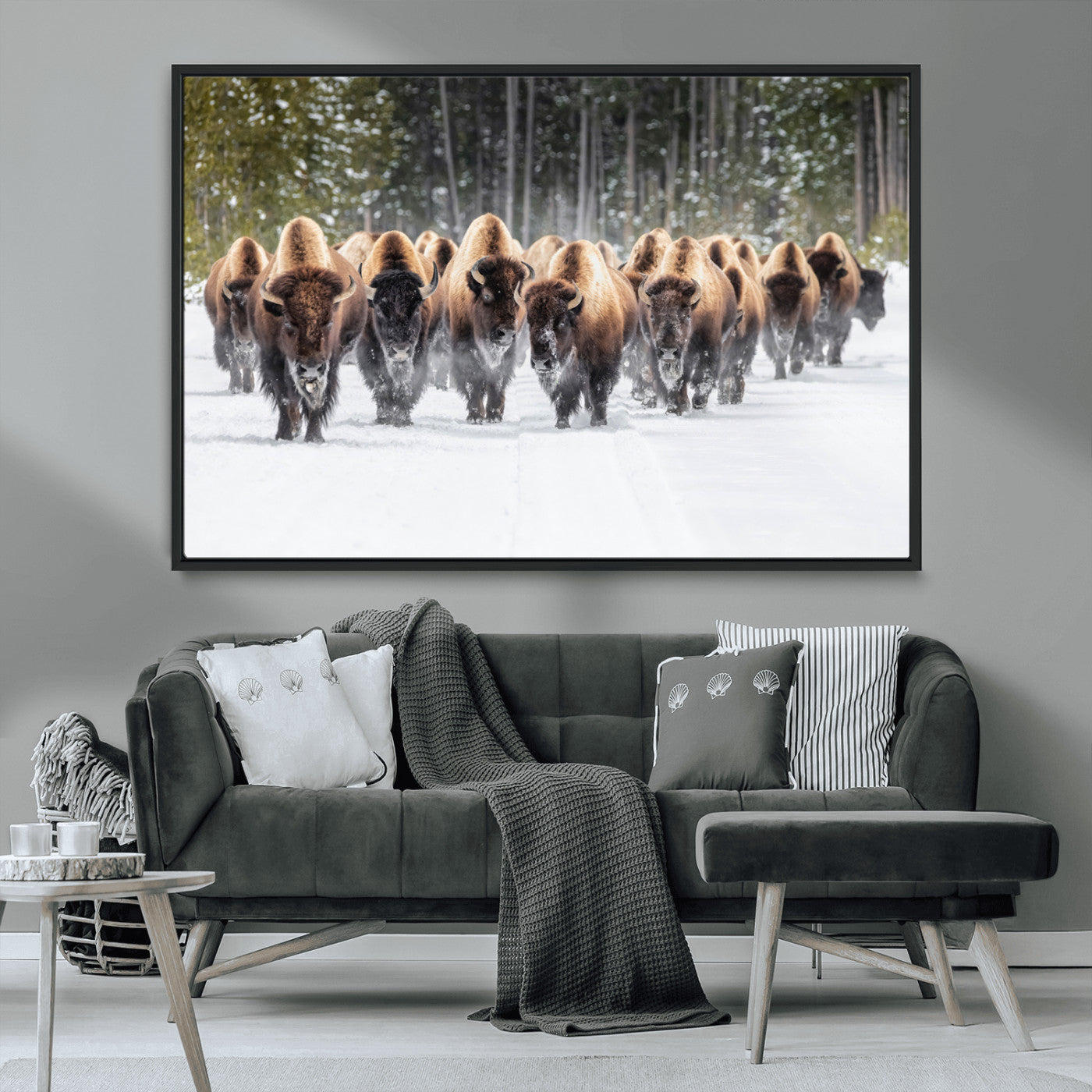 96906195-MGV-CV-36X24-Bison Herd Wall Art – American Buffalo Wildlife Photography Canvas Print, Winter Snow Scene Western Nature Decor for Living Room,