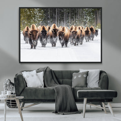 96906195-MGV-CV-36X24-Bison Herd Wall Art – American Buffalo Wildlife Photography Canvas Print, Winter Snow Scene Western Nature Decor for Living Room,