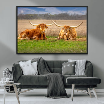 54598515-MGV-CV-36X24-Texas Longhorns Wall Art – Rustic Cattle Ranch Canvas Print, Western Farmhouse Animal Photography Decor for Living Room, Office,