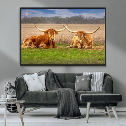54598515-MGV-CV-36X24-Texas Longhorns Wall Art – Rustic Cattle Ranch Canvas Print, Western Farmhouse Animal Photography Decor for Living Room, Office,
