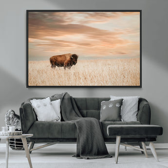 20306324-MGV-CV-36X24-Bison Wall Art – Lone American Buffalo Prairie Sunset Canvas Print, Rustic Western Wildlife Photography Decor for Living Room,