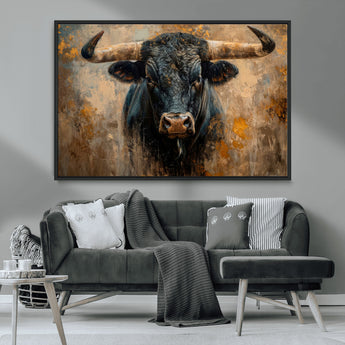 91615410-MGV-CV-36X24-Bull Wall Art – Rustic Western Longhorn Canvas Print, Powerful Abstract Animal Painting, Farmhouse Ranch Decor for Living Room,