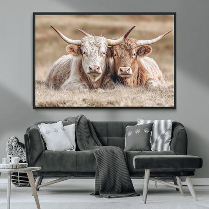 38651722-MGV-CV-36X24-Cow Wall Art – Rustic Longhorn Pair Canvas Print, Western Farmhouse Animal Painting, Country Ranch Decor for Living Room, Bedroom,