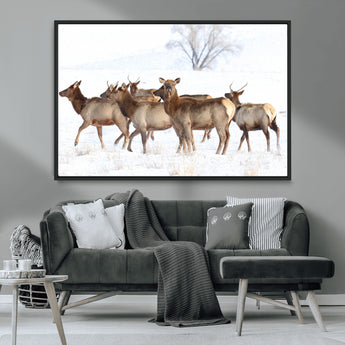 41416314-MGV-CV-36X24-Elk Wall Art – Wildlife Herd Canvas Print in Snowy Landscape, Rustic Nature Painting, Western Cabin Lodge Decor for Living Room,