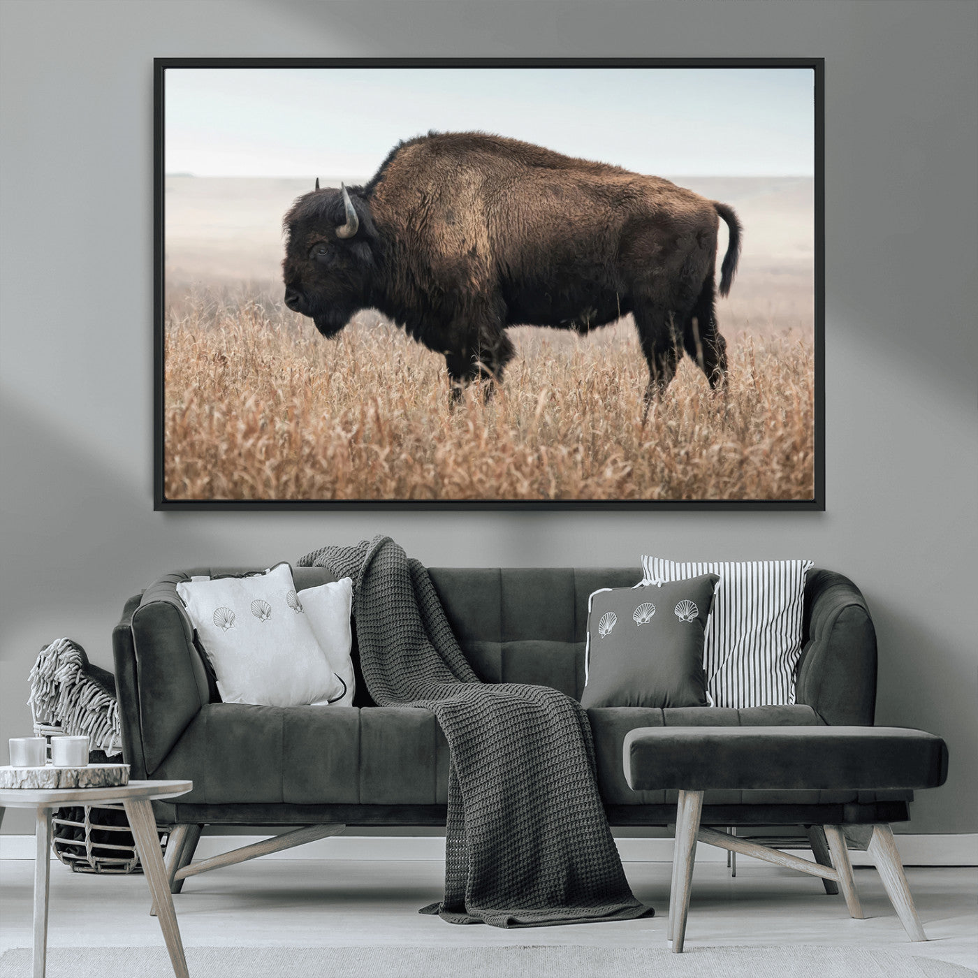 69909079-MGV-CV-36X24-Bison Wall Art – Majestic Buffalo Canvas Print in Prairie Grasslands, Rustic Western Animal Painting, Farmhouse Ranch Decor for