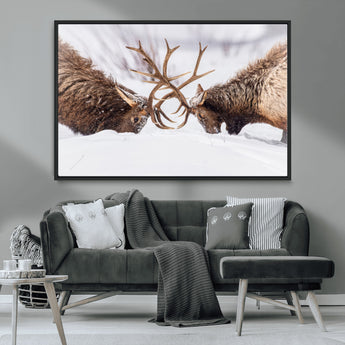 99240306-MGV-CV-36X24-Elk Wall Art – Two Bull Elk Fighting in Snow Canvas Print, Rustic Wildlife Artwork for Cabin, Lodge, Western Farmhouse, Nature &