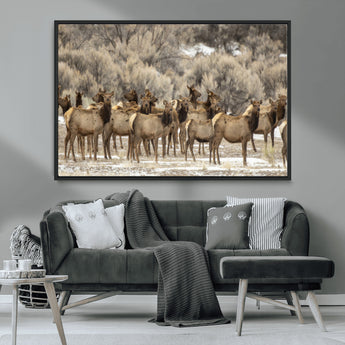 93076148-MGV-CV-36X24-Elk Herd Wall Art – Wildlife Canvas Print of Elk in Winter Landscape, Rustic Western Cabin & Lodge Décor, Nature Photography for