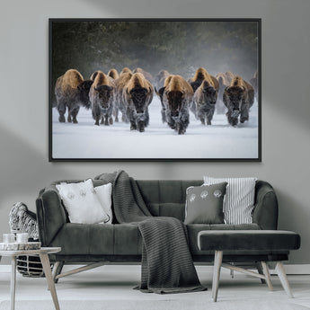 30332489-MGV-CV-36X24-Winter Bison Herd Wall Art – Powerful Buffalo Canvas Print, Rustic Wildlife Photography Decor for Farmhouse, Cabin, Lodge, Living