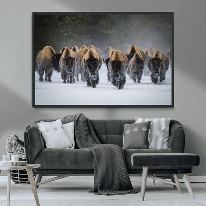 30332489-MGV-CV-36X24-Winter Bison Herd Wall Art – Powerful Buffalo Canvas Print, Rustic Wildlife Photography Decor for Farmhouse, Cabin, Lodge, Living