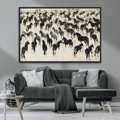 29265745-MGV-CV-36X24-Wild Horse Herd Wall Art – Black and White Galloping Horses Canvas Print, Rustic Western Farmhouse Décor for Living Room, Bedroom,