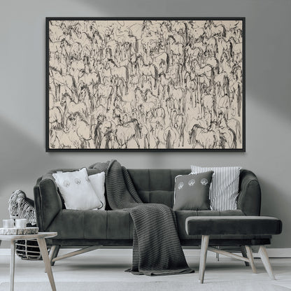 12358908-MGV-CV-36X24-Horse Herd Sketch Wall Art – Abstract Wild Horses Line Drawing Canvas Print, Rustic Western Style Equestrian Decor for Living