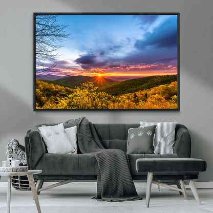 25786346-MGV-CV-36X24-Sunset Over Mountains Wall Art – Nature Landscape Canvas Print, Golden Hour Forest Photography, Scenic Sunrise Artwork for Living