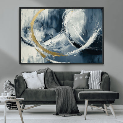 97295757-MGV-CV-36X24-Abstract Blue and Gold Wall Art – Modern Luxury Canvas Print, Navy White Brushstroke Painting, Contemporary Living Room Office