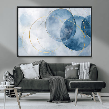 47060443-MGV-CV-36X24-Blue Abstract Circle Wall Art – Modern Gold and Navy Canvas Print, Minimalist Geometric Painting for Living Room, Bedroom, Office