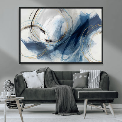 49589477-MGV-CV-36X24-Blue Abstract Wall Art – Modern Circle Canvas Print with Gold and Black Accents, Contemporary Fluid Brushstroke Painting for